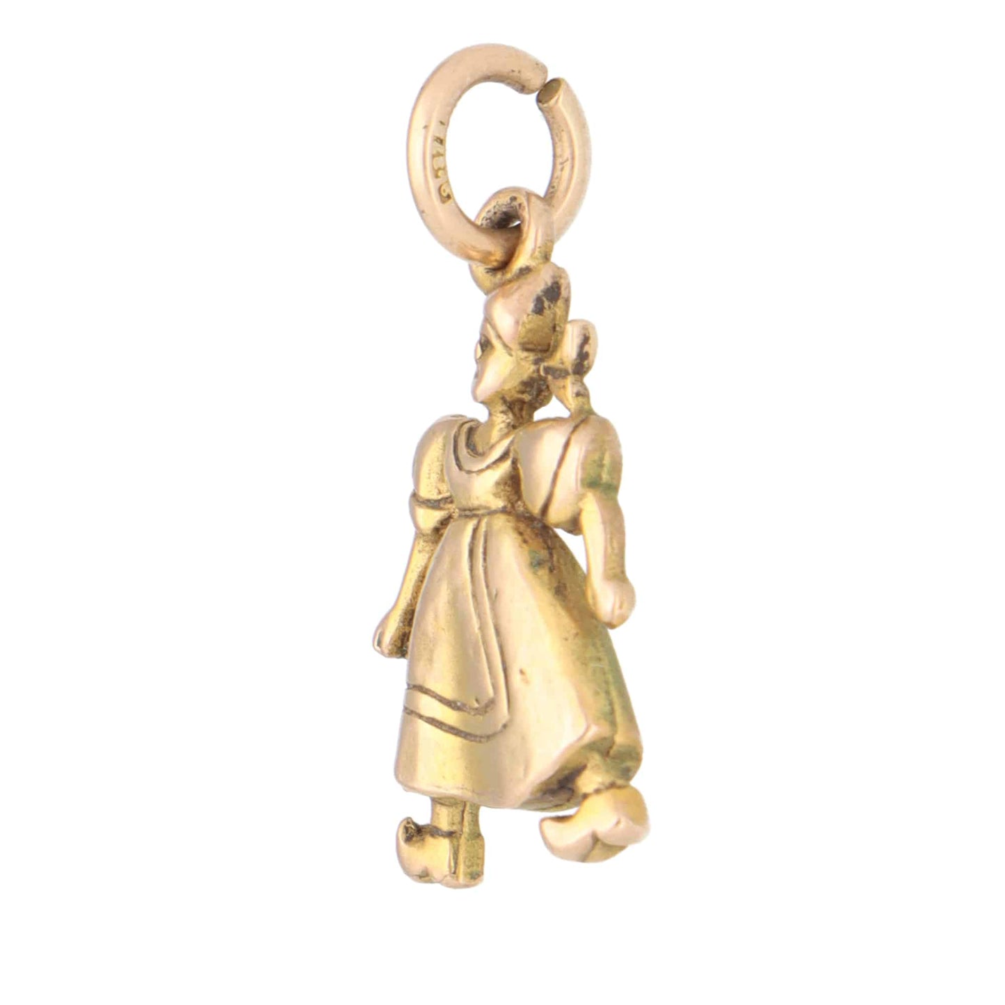 A yellow gold Dutch lady in a dress charm, on a white background