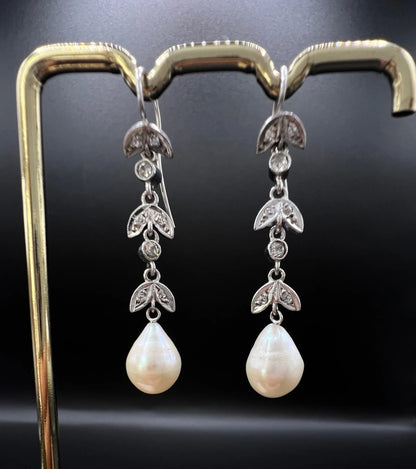 Antique 18 ct White Gold, 1920's Diamond And Pearl Drop Earrings
