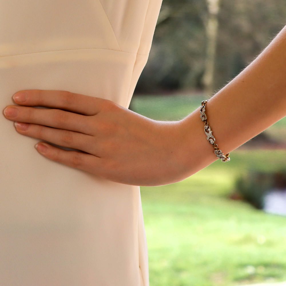 Antique Victorian Scrolled Diamond Bracelet in Silver on Gold