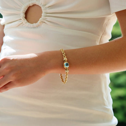 Vintage Blue Topaz and Diamond Heavy Link Gold Bracelet