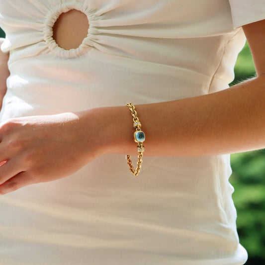 Vintage Blue Topaz and Diamond Heavy Link Gold Bracelet