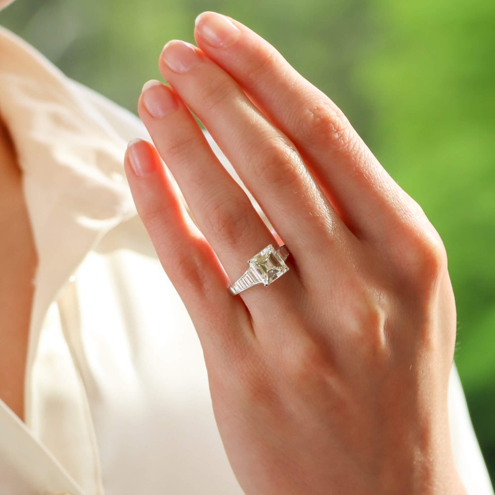 3.02ct Square Step Cut Diamond Engagement Ring with Baguette Shoulders