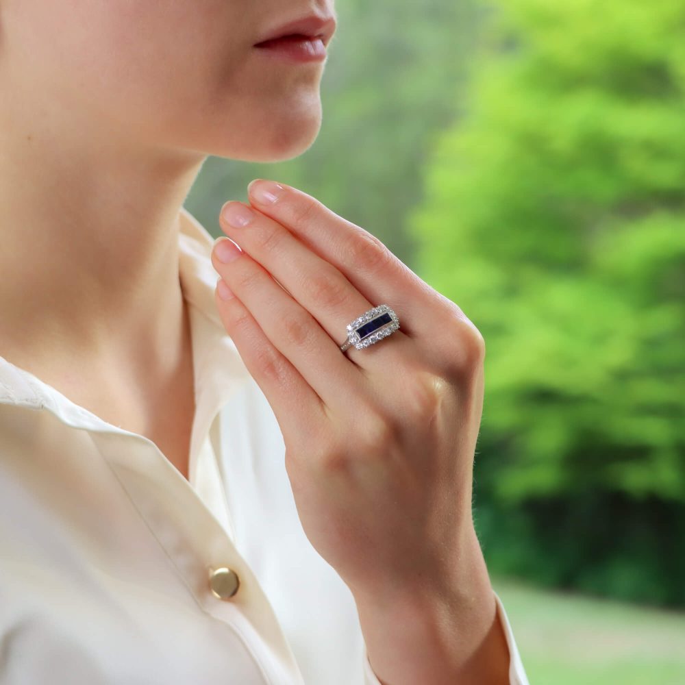 Princess Cut Sapphire and Diamond Cluster Panel Cocktail Ring in Platinum