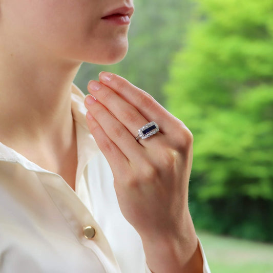 Princess Cut Sapphire and Diamond Cluster Panel Cocktail Ring in Platinum