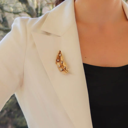 Vintage Diamond 18ct Gold Feather Brooch