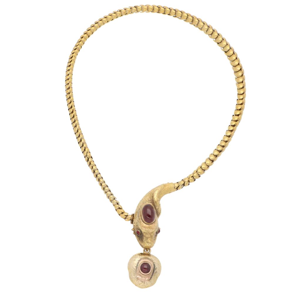 Antique Victorian Garnet Snake Necklace In Yellow Gold