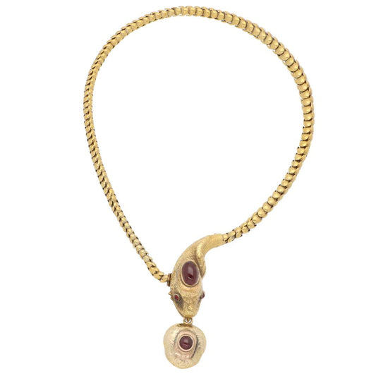 Antique Victorian Garnet Snake Necklace In Yellow Gold