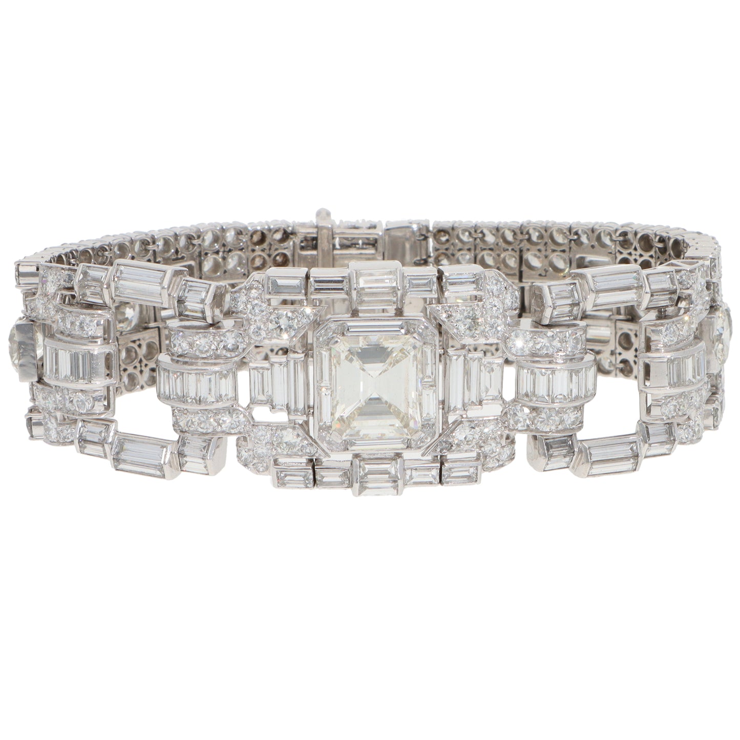 A mixed cut diamond bracelet in platinum, on a white background