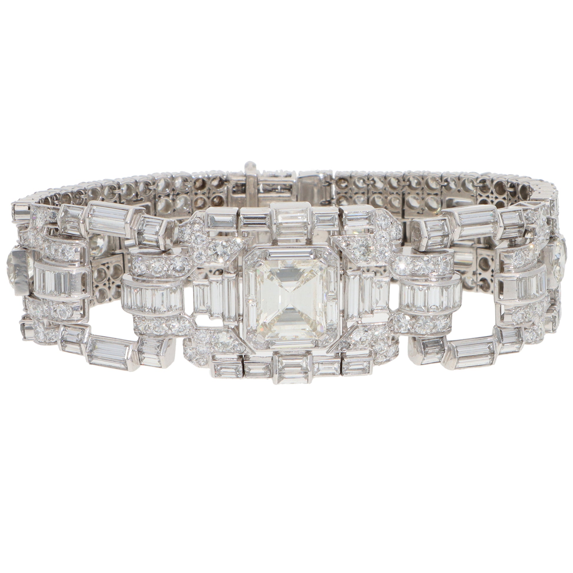 A mixed cut diamond bracelet in platinum, on a white background