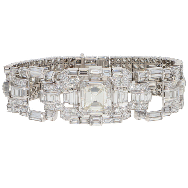 A mixed cut diamond bracelet in platinum, on a white background
