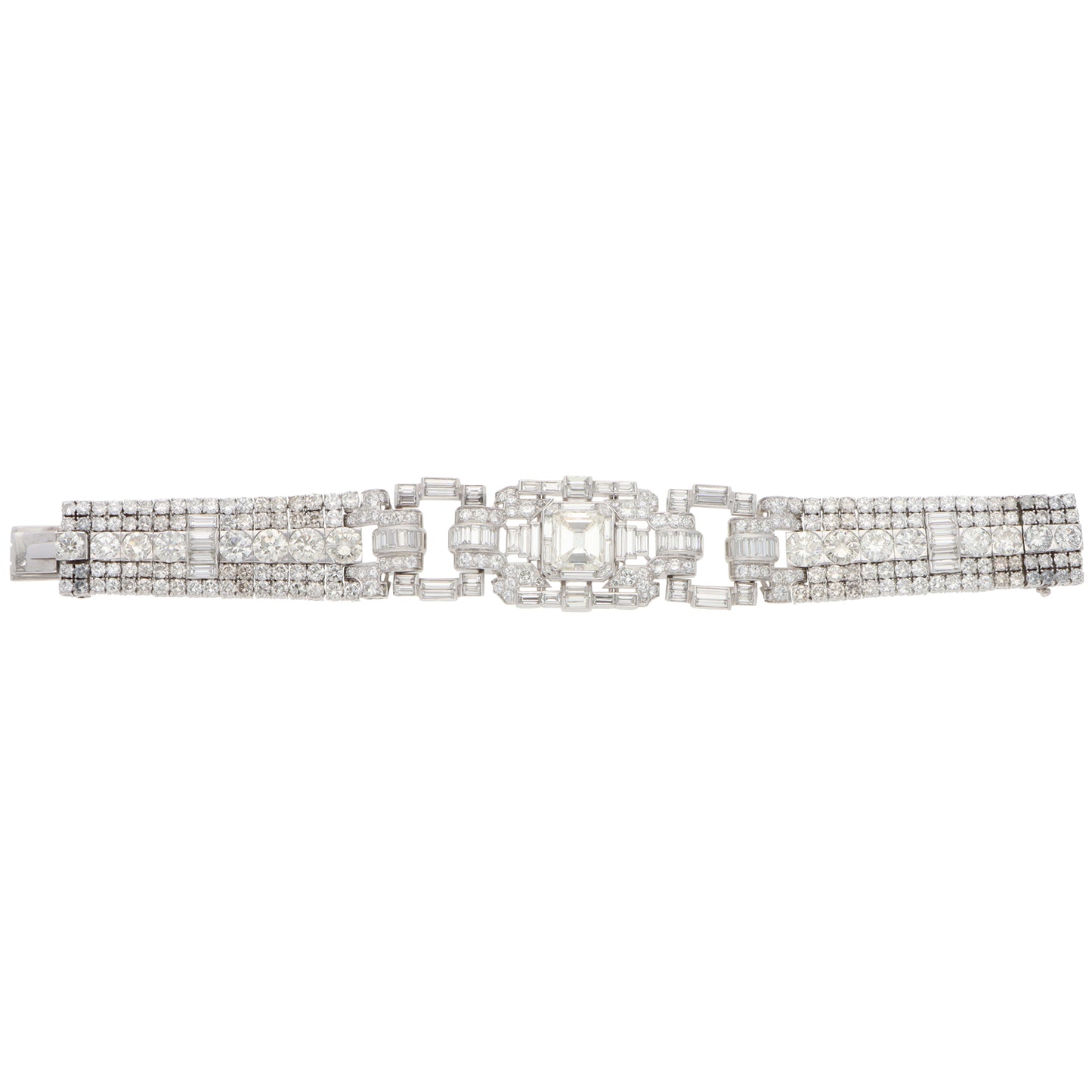 A mixed cut diamond bracelet in platinum, on a white background
