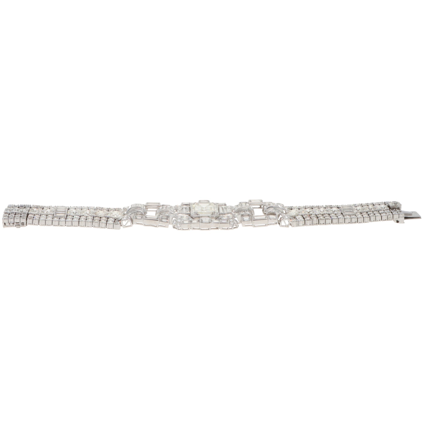 A mixed cut diamond bracelet in platinum, on a white background