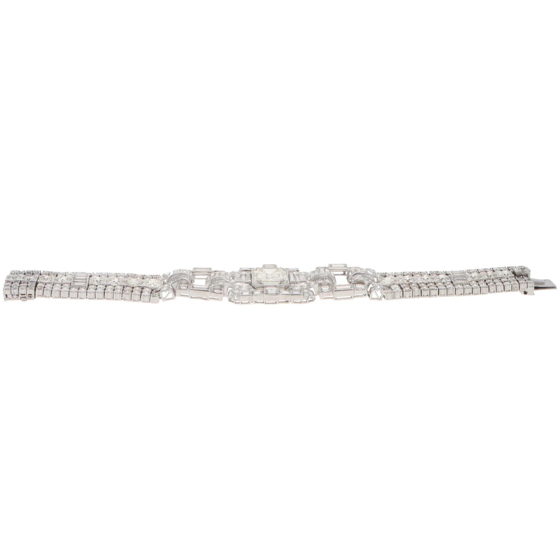 A mixed cut diamond bracelet in platinum, on a white background