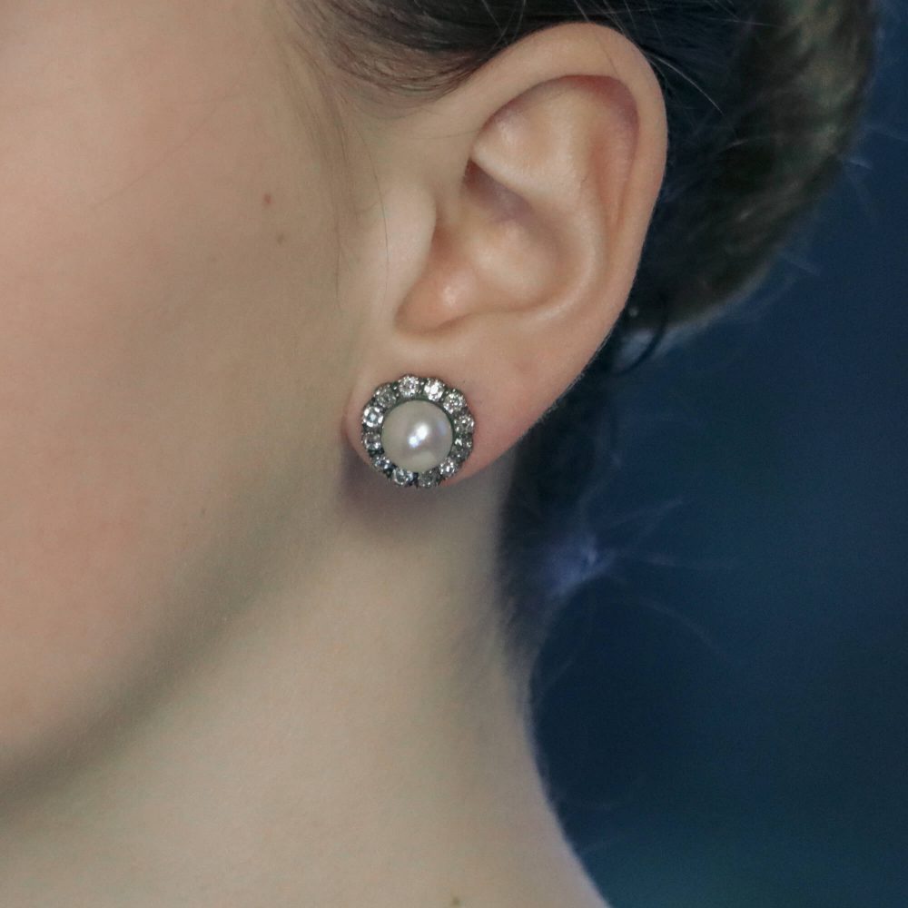 Antique Victorian Natural Pearl and Mine Cut Diamond Cluster Earrings