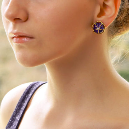 Vintage Carved Lapis Lazuli and Diamond Domed Clip On Earrings, Circa 1970s