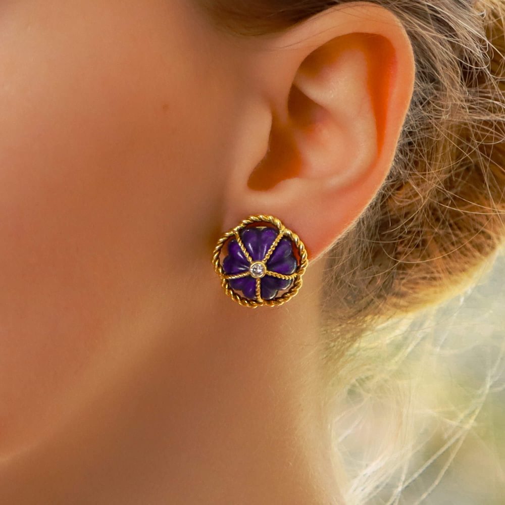 Vintage Carved Lapis Lazuli and Diamond Domed Clip On Earrings