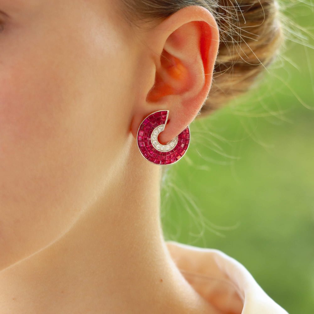 Art Deco Style Ruby and Diamond Swirl Half Hoop Earrings