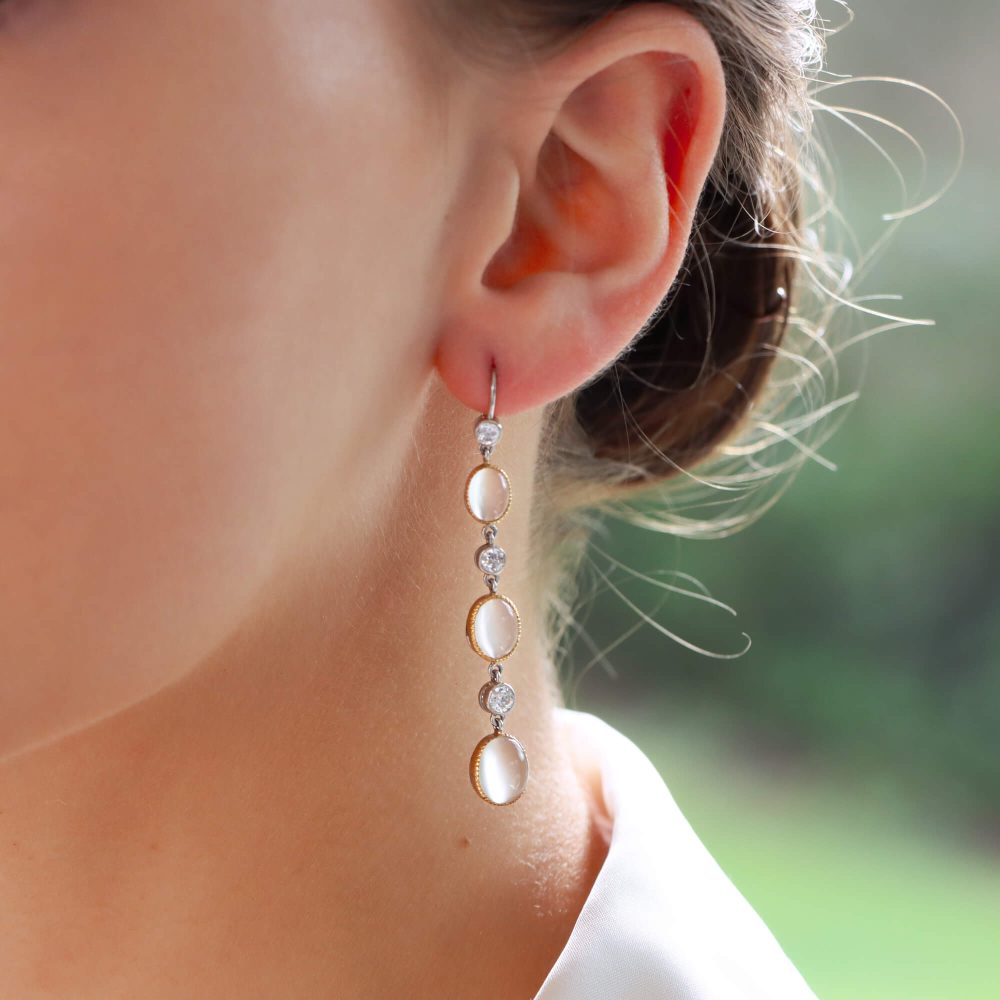 Moonstone and Diamond Victorian Inspired Drop Earrings