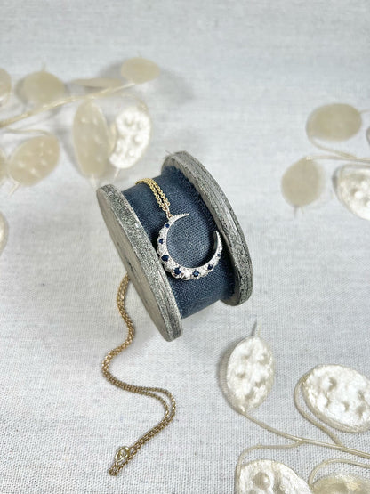 Victorian 9 Carat Gold, Silver, Sapphire and Diamond Crescent Moon Pendant