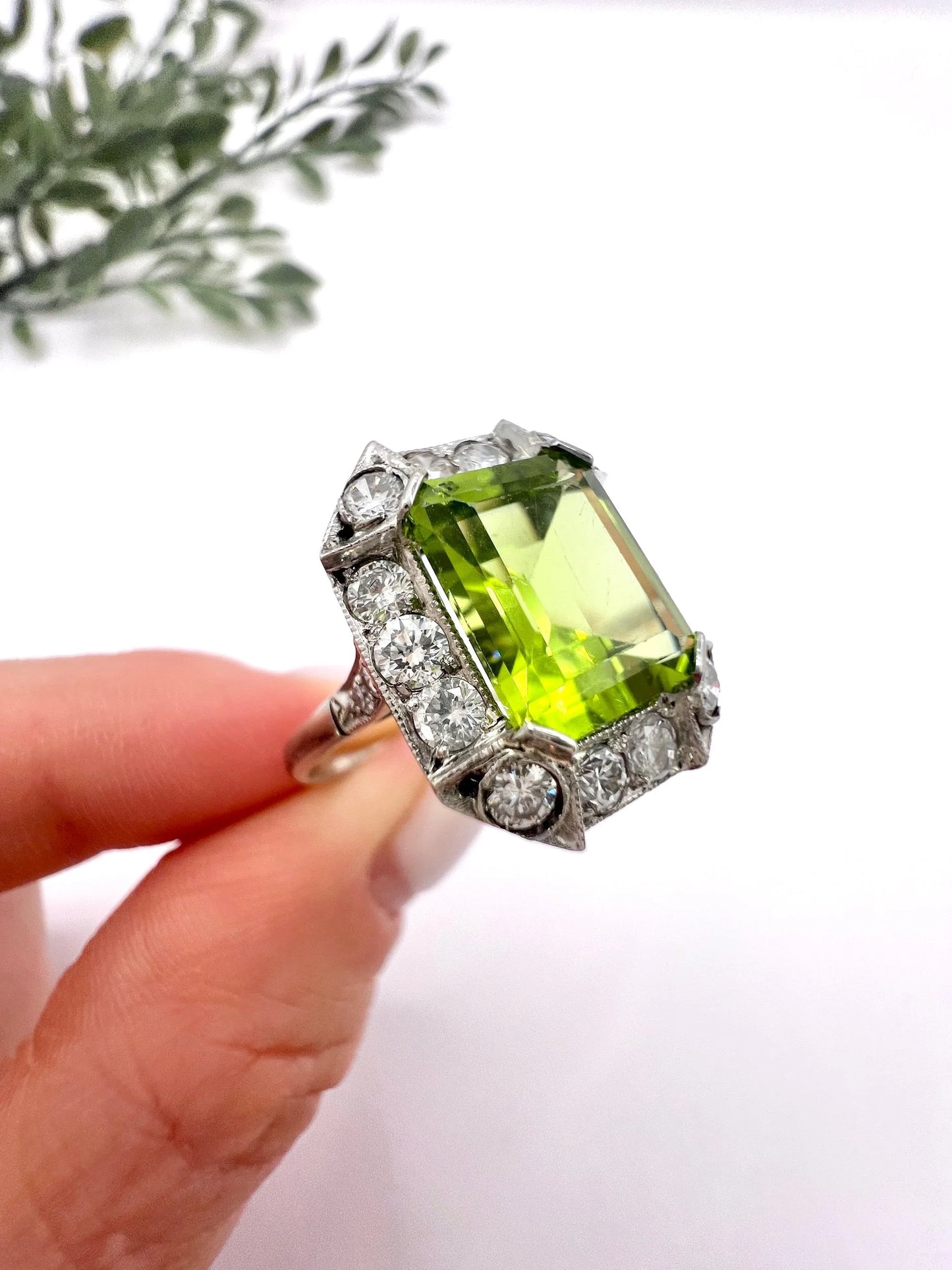 Antique 18ct White Gold & Platinum, 1920s Peridot and Diamond Rectangular Halo Cluster Ring