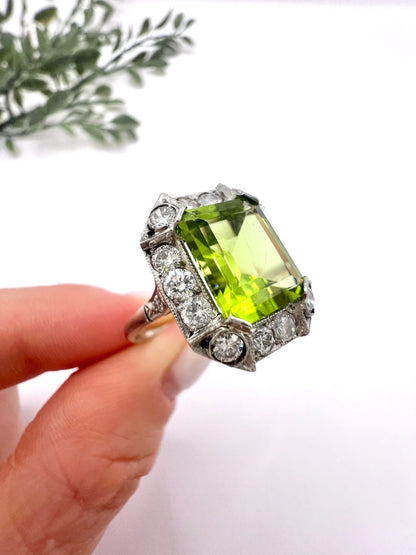 Antique 18ct White Gold & Platinum, 1920s Peridot and Diamond Rectangular Halo Cluster Ring