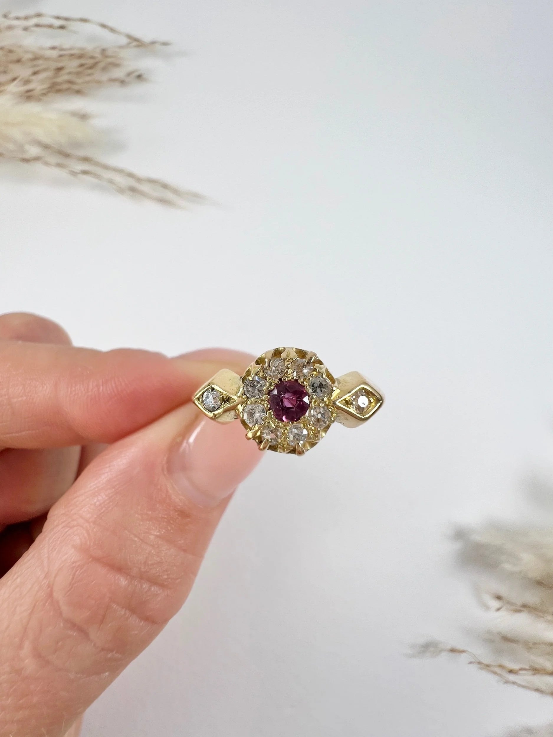 Antique 18 ct Yellow Gold Fancy Ruby And Diamond Daisy Cluster Ring