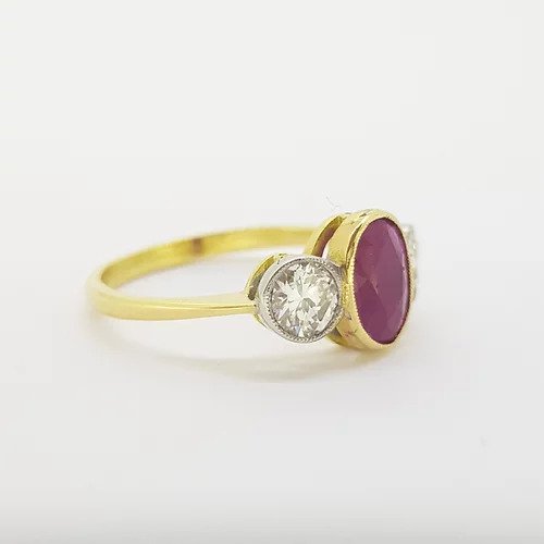 1.04ct Oval Ruby and Diamond Three Stone Ring in 18ct Gold