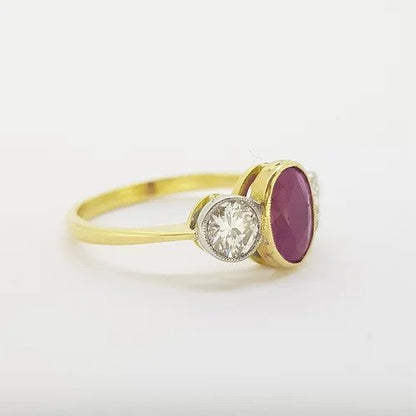 1.04ct Oval Ruby and Diamond Three Stone Ring in 18ct Gold