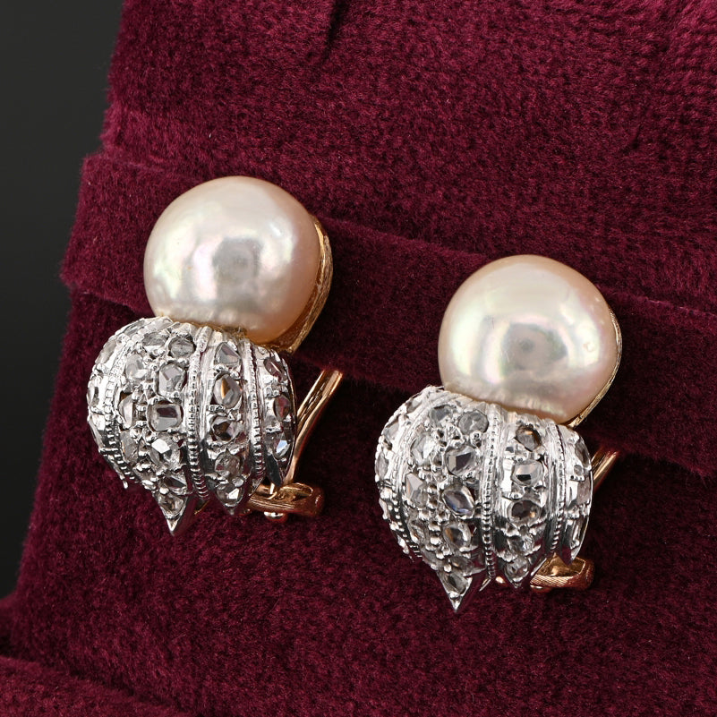 Vintage Buccellati Natural Pearl and Rose Cut Diamond Clip Earrings