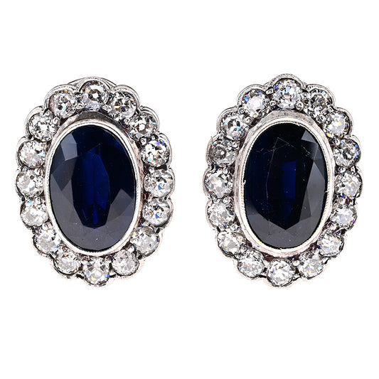 Vintage 8.40ct Natural Sapphire and Old European Cut Diamond Cluster Clip Earrings
