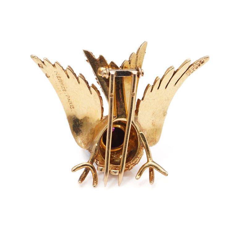 Signed Hermes 18ct Yellow Gold French Bird Brooch