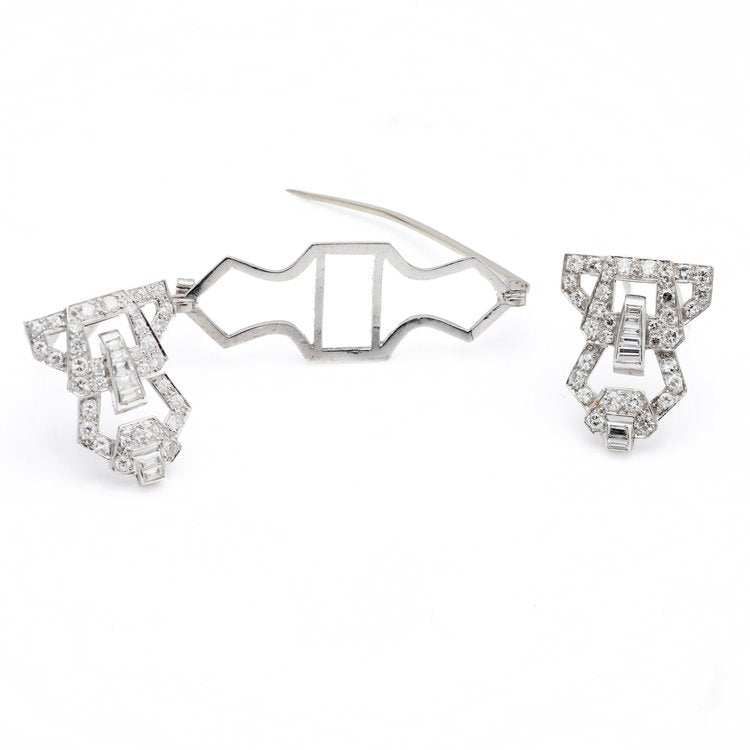 Vintage 1.84ct Brilliant and Baguette Diamond Double Clip Brooch in Platinum Circa 1940s