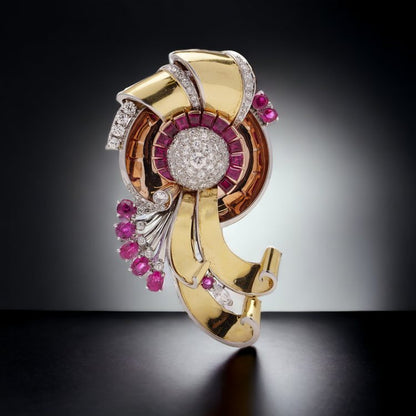 Vintage 1940s Retro 3.20ct Ruby 3.60ct Diamond Gold Floral Spray Brooch