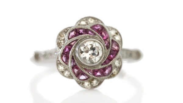 Vintage Diamond, Ruby and Platinum Rose Flower Cluster Ring