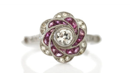 Vintage Diamond, Ruby and Platinum Rose Flower Cluster Ring