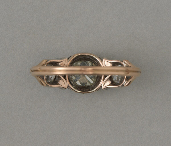 Antique Victorian Old Cut Diamond Three Stone Ring, 1.38 carat total, tulip design to mount, in silver and 18ct rose gold