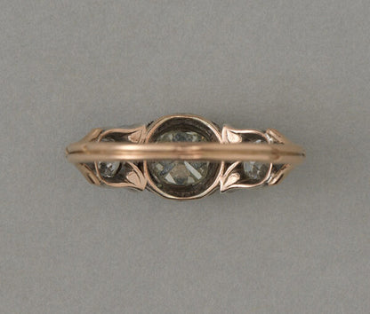 Antique Victorian Old Cut Diamond Three Stone Ring, 1.38 carat total, tulip design to mount, in silver and 18ct rose gold