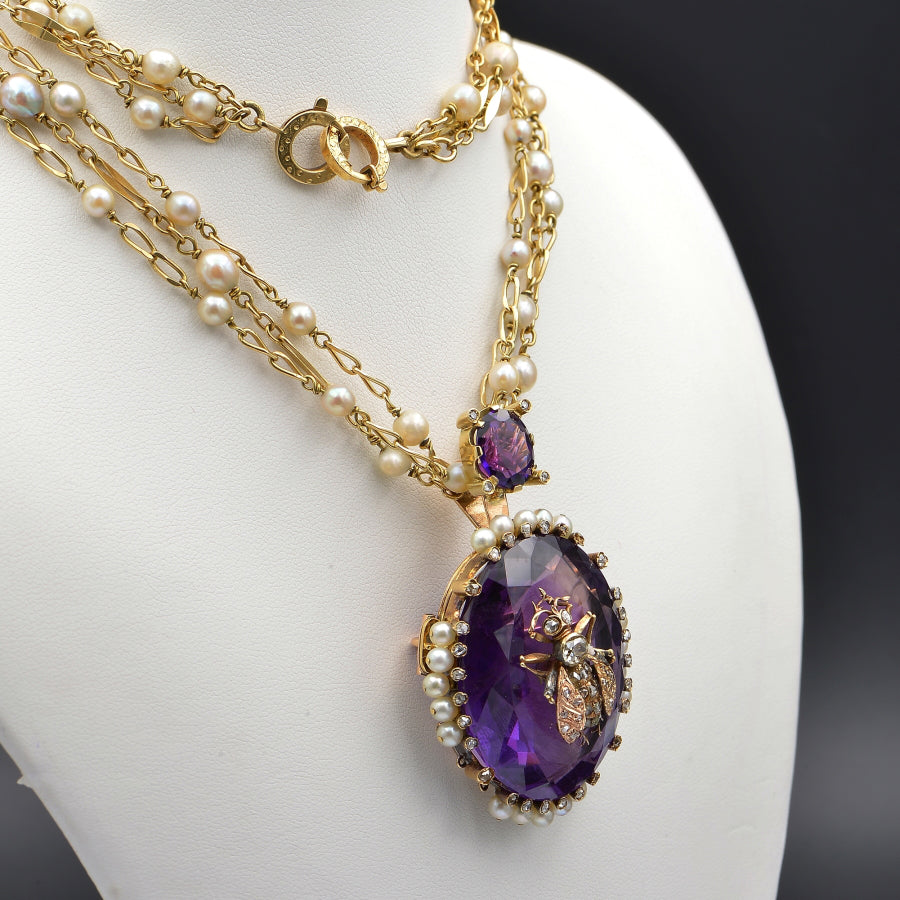 Antique Siberian Amethyst Natural Pearl and Diamond Fly Pendant Necklace
