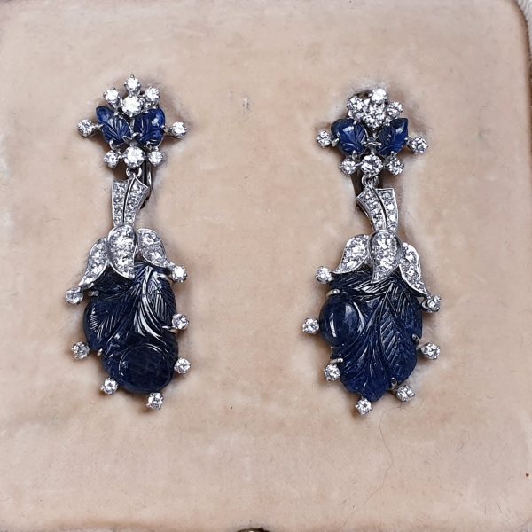 Vintage 20cts Carved Sapphire Diamond Platinum Drop Earrings