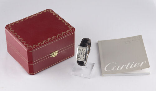 Cartier Tank Americaine 18ct White Gold 1741 Automatic, white guilloche dial, Roman numerals, blue steel hands, date indicator, sapphire crown, sapphire crystal, On a Cartier brown leather strap with 18ct white gold buckle. With Cartier box and papers, Circa 2004