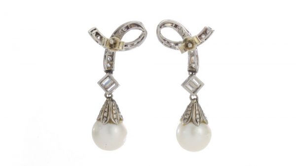 Vintage Saltwater Pearl and Diamond Drop Earrings; 1.00 carat total, in 14ct white gold, Circa 1950s-1970s