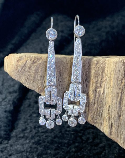 Art Deco Old Cut Diamond Drop Earrings in Platinum, 3.72 carats