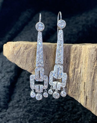 Art Deco Old Cut Diamond Drop Earrings in Platinum, 3.72 carats