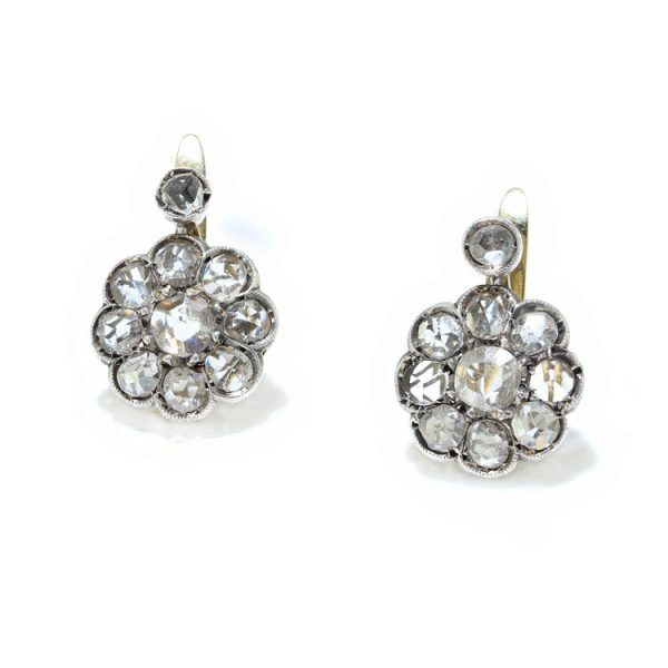 Antique Victorian Rose Cut Diamond Cluster Drop Earrings, 7.40 carat total