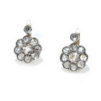 Antique Victorian Rose Cut Diamond Cluster Drop Earrings, 7.40 carat total