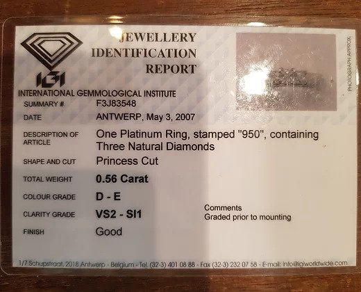 0.56ct Princess Cut Diamond Three Stone Ring, platinum, with certificate