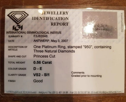 0.56ct Princess Cut Diamond Three Stone Ring, platinum, with certificate