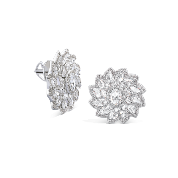 Rose Cut Diamond Flower Cluster Stud Earrings; featuring 0.30ct oval rose cut diamonds surrounded by forty-four rose cut diamond petals, 7.74ct total, 18ct white gold