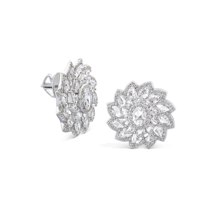 Rose Cut Diamond Flower Cluster Stud Earrings; featuring 0.30ct oval rose cut diamonds surrounded by forty-four rose cut diamond petals, 7.74ct total, 18ct white gold