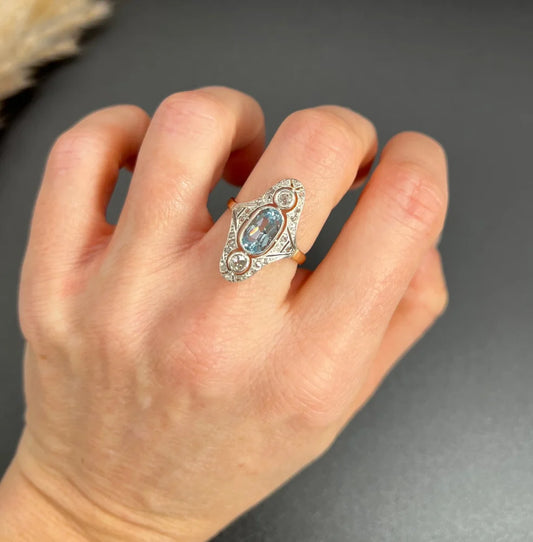 Antique Aquamarine And Diamond Three Stone Ring In 18 Carat Rose Gold And Platinum